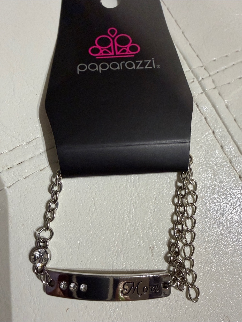 Paparazzi Silver Mom Engraved Bar Bracelet with Rhinestones